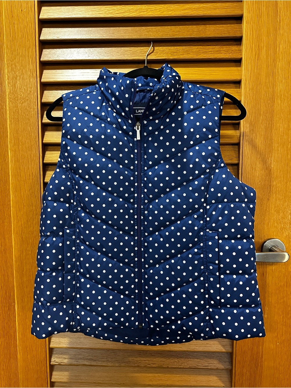 Lands' End Navy and White Polka Dot Quilted Vest